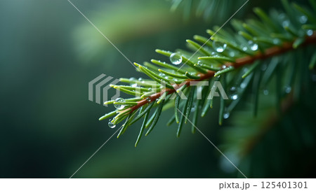 Fresh Dewdrops on Evergreen Spruce Branch Close-up 125401301