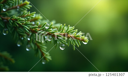Dew Drops on Evergreen Branch Close-Up 125401307