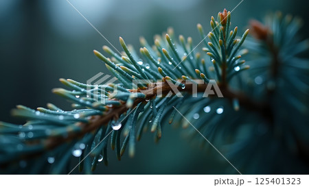 Fresh Pine Branch Adorned with Delicate Waterdrops Fresh Pine Branch Adorned with Delicate Waterdrops 125401323
