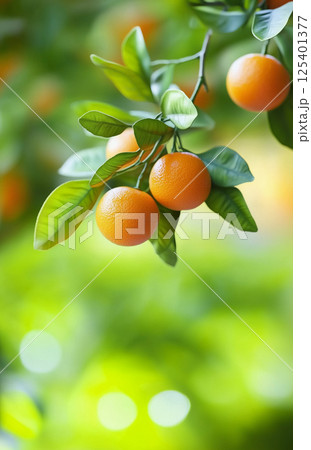 Tangerine tree branch with little tangerines hanging against green background. Bokeh effect 125401377