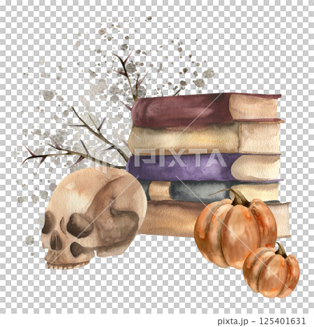 Mystic Halloween witch elements composition with watercolor books stack,human skull,pumpkins and thorns illustration. Hand drawn gothic esoteric clipart for seance card, spiritual poster design 125401631