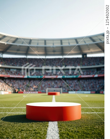 Empty sports podium on grass field with blurred cheering crowd in full stadium background 125402002