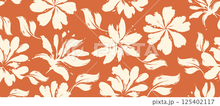 Seamless floral vector pattern with cream flower silhouettes on warm terracotta background for packaging and textile Seamless floral vector pattern with cream flower silhouettes on warm terracotta background for packaging and textile 125402117