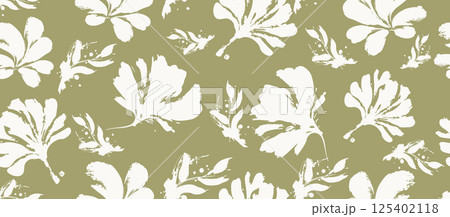 Olive green floral pattern background with white vector flower silhouettes in seamless retro botanical style 125402118