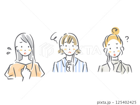 悩み事を抱える女性のアバターセット　シンプルでお洒落な水彩風イラスト 125402425