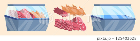 Cartoon Color Empty and Full Supermarket Refrigerator with Meat Set Concept Flat Design Style. Vector illustration 125402628