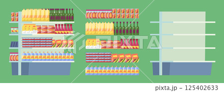 Cartoon Color Empty and Full Supermarket Shelving with Preserves Set Concept Flat Design Style. Vector illustration Cartoon Color Empty and Full Supermarket Shelving with Preserves Set Concept Flat Design Style. Vector illustration 125402633
