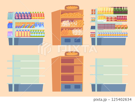 Cartoon Color Empty and Full Supermarket Shelving with Products Set Concept Flat Design Style. Vector illustration Cartoon Color Empty and Full Supermarket Shelving with Products Set Concept Flat Design Style. Vector illustration 125402634