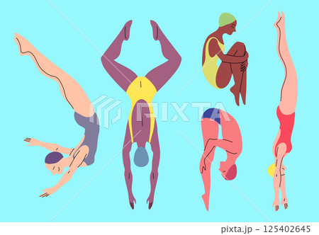 Cartoon Color Characters People Professional Swimmers Swimming and Jumping Set Concept Flat Design Style. Vector illustration 125402645