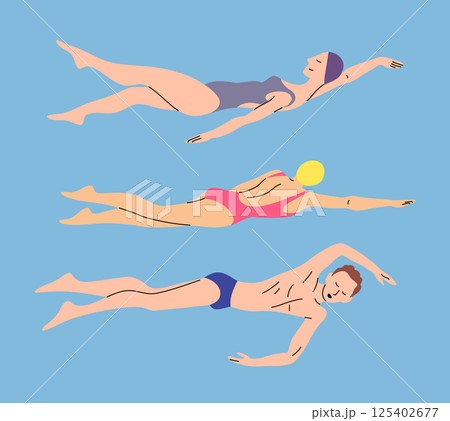 Cartoon Color Characters People Professional Swimmers in Action Set Concept Flat Design Style. Vector illustration of Backstroke and Freestyle Cartoon Color Characters People Professional Swimmers in Action Set Concept Flat Design Style. Vector illustration of Backstroke and Freestyle 125402677