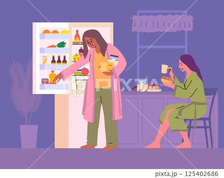 Cartoon Color Characters Women and Night Snack Concept Flat Design Style. Vector illustration of Late Night Snacking Cartoon Color Characters Women and Night Snack Concept Flat Design Style. Vector illustration of Late Night Snacking 125402686