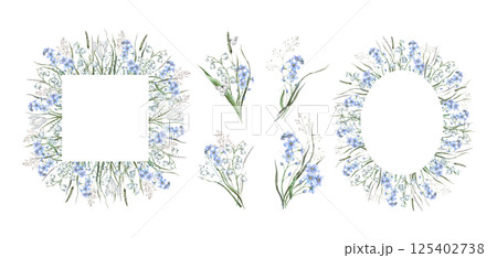 Blue forget-me-nots, white crocuses, lilies of the valley, forest greenery, dried grass and butterflies. Watercolor set of frames and bouquets suitable for wedding invitations, cards, floral packaging Blue forget-me-nots, white crocuses, lilies of the valley, forest greenery, dried grass and butterflies. Watercolor set of frames and bouquets suitable for wedding invitations, cards, floral packaging 125402738