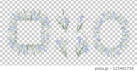 Blue forget-me-nots, white crocuses, lilies of the valley, forest greenery, dried grass and butterflies. Watercolor set of frames and bouquets suitable for wedding invitations, cards, floral packaging Blue forget-me-nots, white crocuses, lilies of the valley, forest greenery, dried grass and butterflies. Watercolor set of frames and bouquets suitable for wedding invitations, cards, floral packaging 125402738