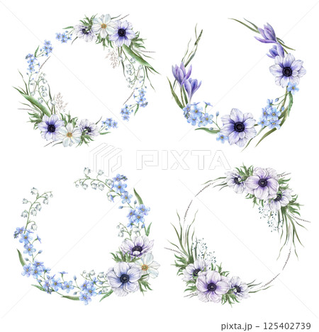 Wreath set consisting of lilies of the valley, anemones, forget-me-nots, crocuses, wild herbs. Watercolor botanical set is suitable for eco-branding, cards, weddings, botanical projects, floristry. 125402739