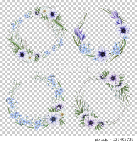 Wreath set consisting of lilies of the valley, anemones, forget-me-nots, crocuses, wild herbs. Watercolor botanical set is suitable for eco-branding, cards, weddings, botanical projects, floristry. 125402739