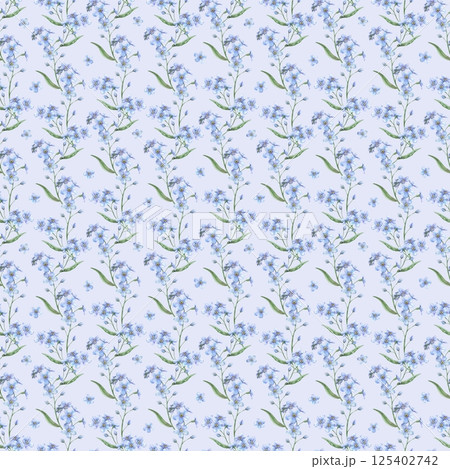Spring delicate blue forget-me-not flowers. Botanical watercolor seamless pattern on purple background, perfect for eco branding, packaging, cards, wedding designs, botanical prints and wallpapers. 125402742