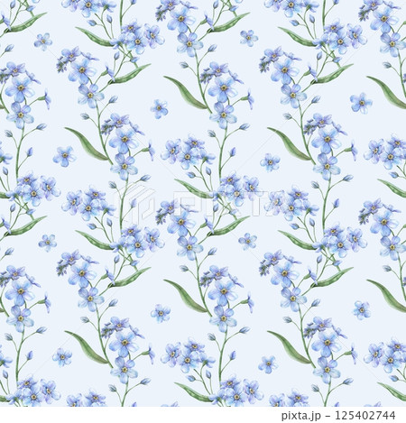 Spring delicate blue forget-me-not flowers. Botanical watercolor seamless pattern on light blue background, perfect for eco branding, packaging, cards, wedding designs, botanical prints and wallpapers Spring delicate blue forget-me-not flowers. Botanical watercolor seamless pattern on light blue background, perfect for eco branding, packaging, cards, wedding designs, botanical prints and wallpapers 125402744