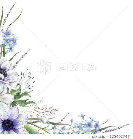 Floral arrangement of blue forget-me-nots, anemones, lilies of the valley, green leaves and wild grass. Watercolor botanical square frame for eco branding, cards, wedding design, botanical projects. 125402747