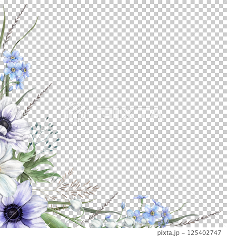Floral arrangement of blue forget-me-nots, anemones, lilies of the valley, green leaves and wild grass. Watercolor botanical square frame for eco branding, cards, wedding design, botanical projects. 125402747