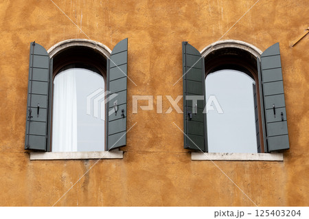 Two Arched Windows with Green Shutters 125403204