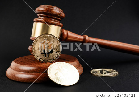 Judge gavel and gold bitcoins to the concept of judgement of cryptocurrencies. 125403421
