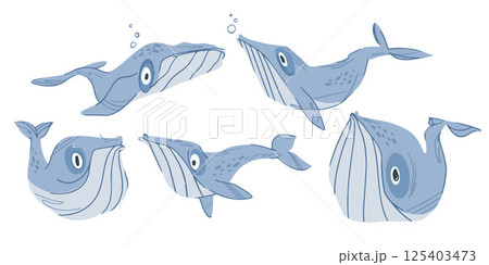 Set of cute cartoon whales in different poses for kids illustration, sea theme collection Set of cute cartoon whales in different poses for kids illustration, sea theme collection 125403473