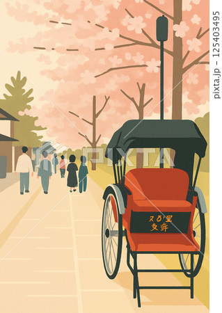 桜並木と人力車の春景色 桜並木と人力車の春景色 125403495