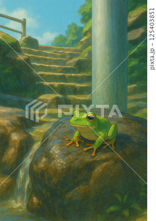 しずくの上の訪問者 ー 雨上がりのカエルと石段の物語 125403851