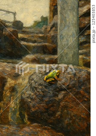 しずくの上の訪問者 ー 雨上がりのカエルと石段の物語 125403853