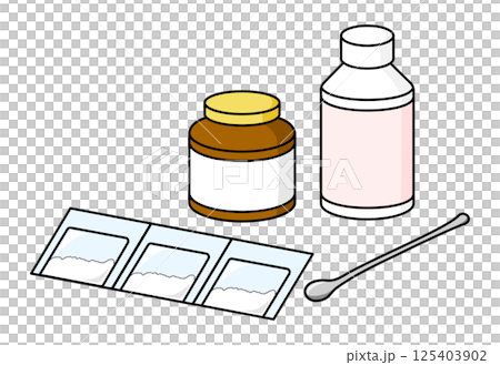Illustration of a bottle of powdered medicine and powder 125403902