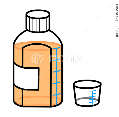 水剤の入った投薬瓶と薬杯のシンプルなイラスト 125403904