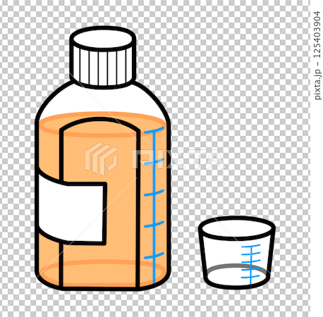 水剤の入った投薬瓶と薬杯のシンプルなイラスト 125403904