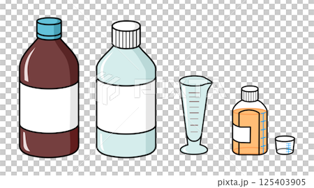 水剤のボトルと調剤済みの投薬瓶 125403905