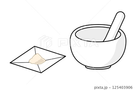 計量された散剤と乳鉢乳棒のシンプルなイラスト 計量された散剤と乳鉢乳棒のシンプルなイラスト 125403906