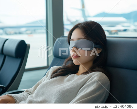 空港でアイマスクをして仮眠する日本人女性  トラベルアイテム使用シーン 125404090