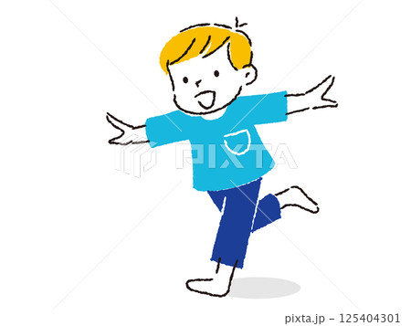 両手を上げて笑顔で走っている男の子のイラスト　手描きタッチ 125404301
