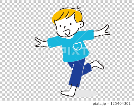 両手を上げて笑顔で走っている男の子のイラスト　手描きタッチ 125404301