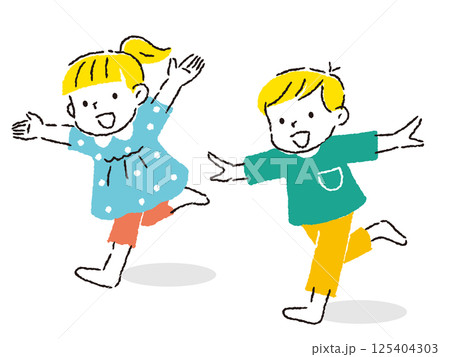 両手を上げて笑顔で走っている男女の子どものイラスト 手描きタッチ 両手を上げて笑顔で走っている男女の子どものイラスト 手描きタッチ 125404303