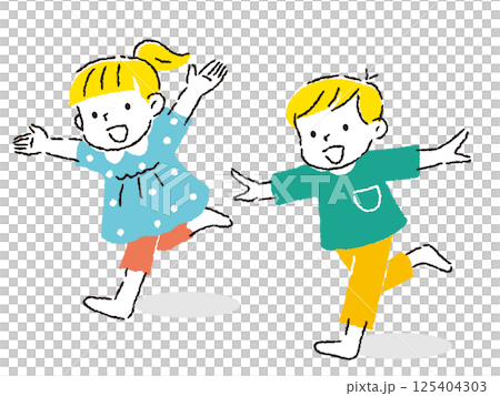 Hand-drawn illustration of a boy and girl running with their hands raised and smiling 125404303