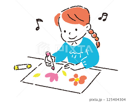 クレヨンで絵を書いている小さな女の子のイラスト 手描きタッチ クレヨンで絵を書いている小さな女の子のイラスト 手描きタッチ 125404304