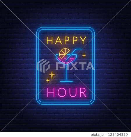 Happy Hour with cocktail neon sign on brick wall background 125404339