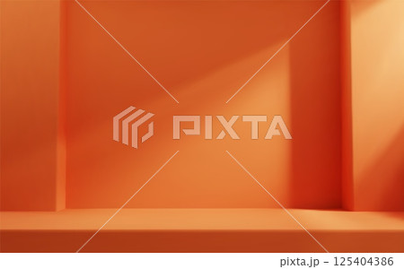 Orange room studio with table top and natural light. Product presentation template. 125404386