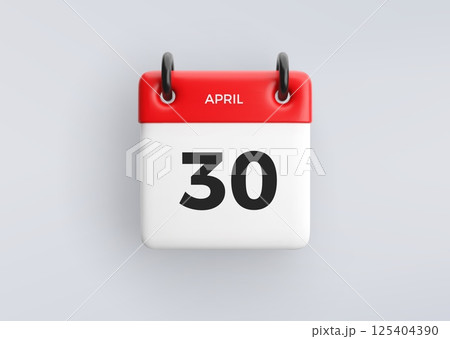 3D calendar icon with date 30 April on grey background. Vector schedule symbol. 125404390