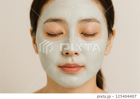 クレイマスクで肌を整える日本人女性の美容スキンケア 泥パック中の女性のクローズアップ クレイマスクで肌を整える日本人女性の美容スキンケア 泥パック中の女性のクローズアップ 125404407
