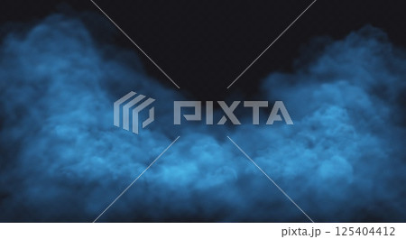 Blue smoke cloud on black transparent background. Fog vector effect. 125404412