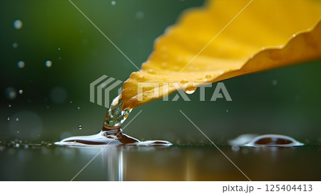 Macro of Water Droplet from Yellow Leaf Edge 125404413