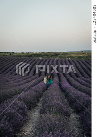 People in a lavender field harvesting 125404685