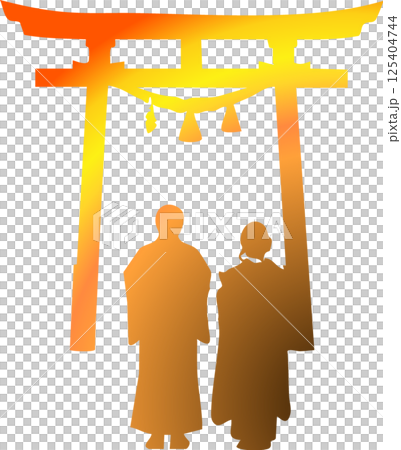 一對男女手牽手的背影和神社鳥居門 125404744