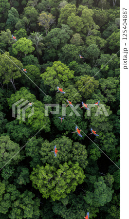 Parrot flying above the dense jungle canopy 125404887