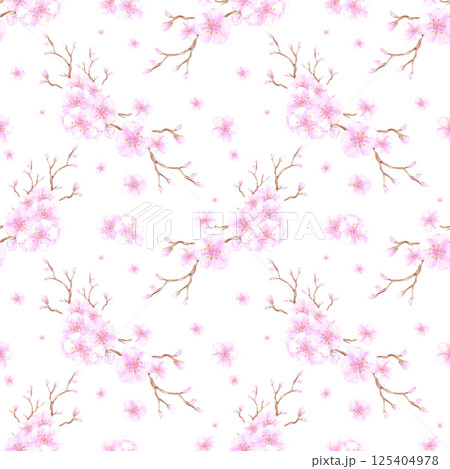 Hand drawn watercolor cherry blossom bouquet seamless pattern isolated on white background. Can be used for textile, fabric, scrapbook and other printed products. Hand drawn watercolor cherry blossom bouquet seamless pattern isolated on white background. Can be used for textile, fabric, scrapbook and other printed products. 125404978